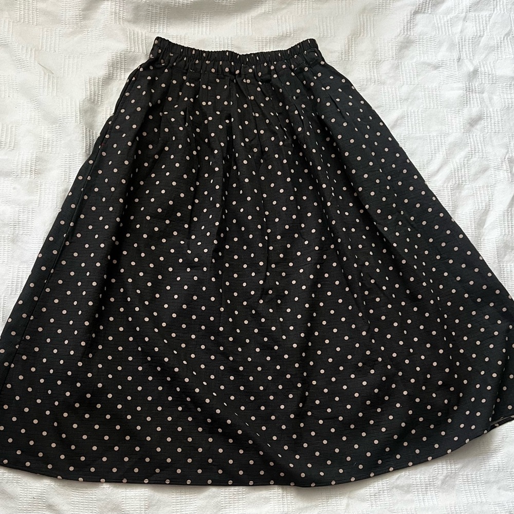 Navy Natural Polka Dot‎ Gray Academia Midi Cotton Skirt Pockets Preppy Modest S